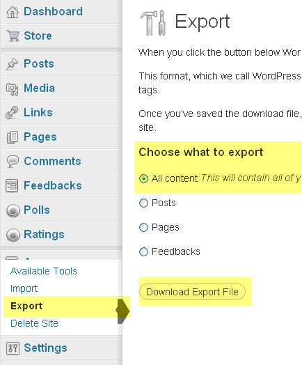 Tools > Export > All Content