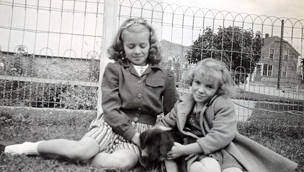 Evelyn and Alberta with puppy 1944.